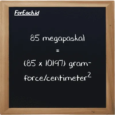 Cara konversi megapaskal ke gram-force/centimeter<sup>2</sup> (MPa ke gf/cm<sup>2</sup>): 85 megapaskal (MPa) setara dengan 85 dikalikan dengan 10197 gram-force/centimeter<sup>2</sup> (gf/cm<sup>2</sup>)